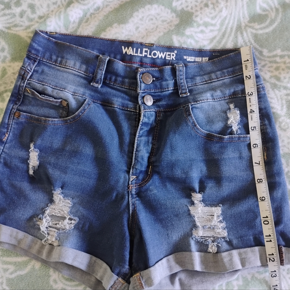 Wallflower Women's Distressed Blue Jean Shorts - Picture 4 of 5
